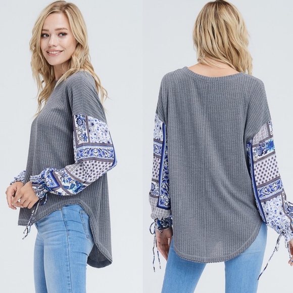 #28 Boho Grey Floral Print Sleeve Waffle Top - Picture 4 of 5
